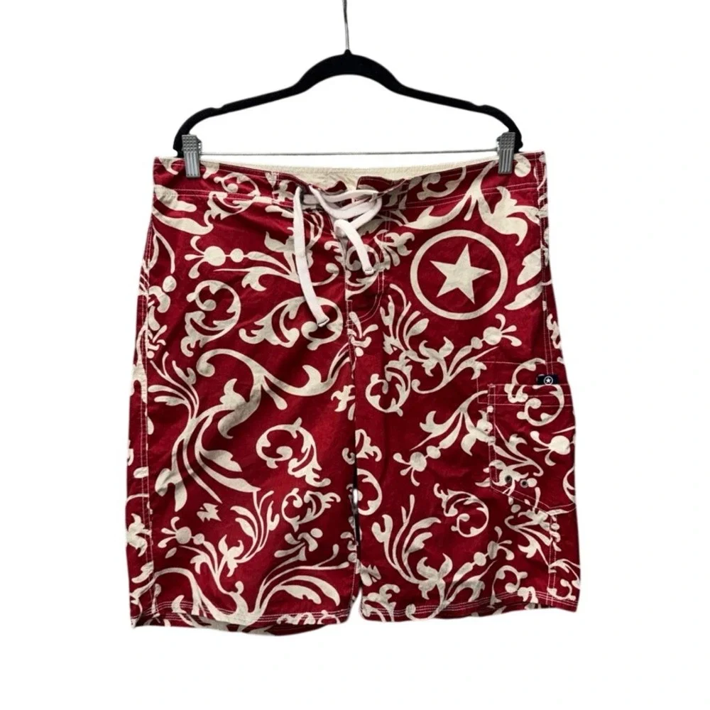 Converse One Star Mens 34 Board Shorts Red Cream Scroll Print Swim Trunks VN106